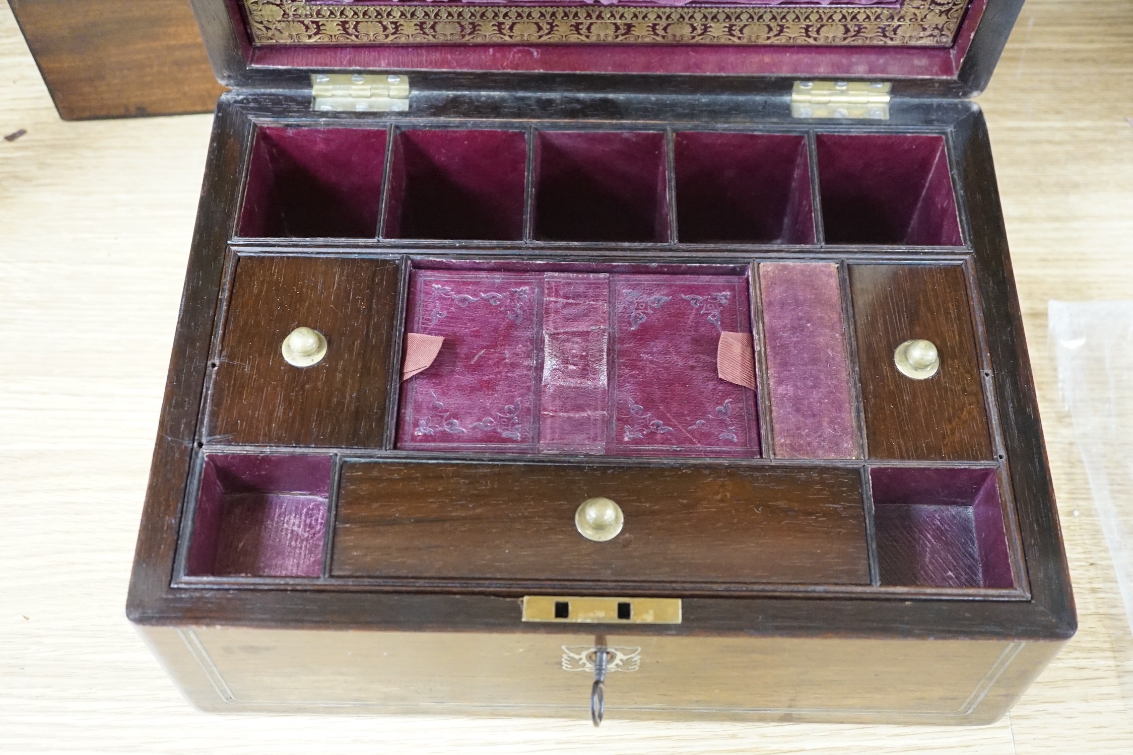 A George IV mahogany tea caddy and a Victorian rosewood and mother of pearl inlaid workbox-30cms wide x 14cms high